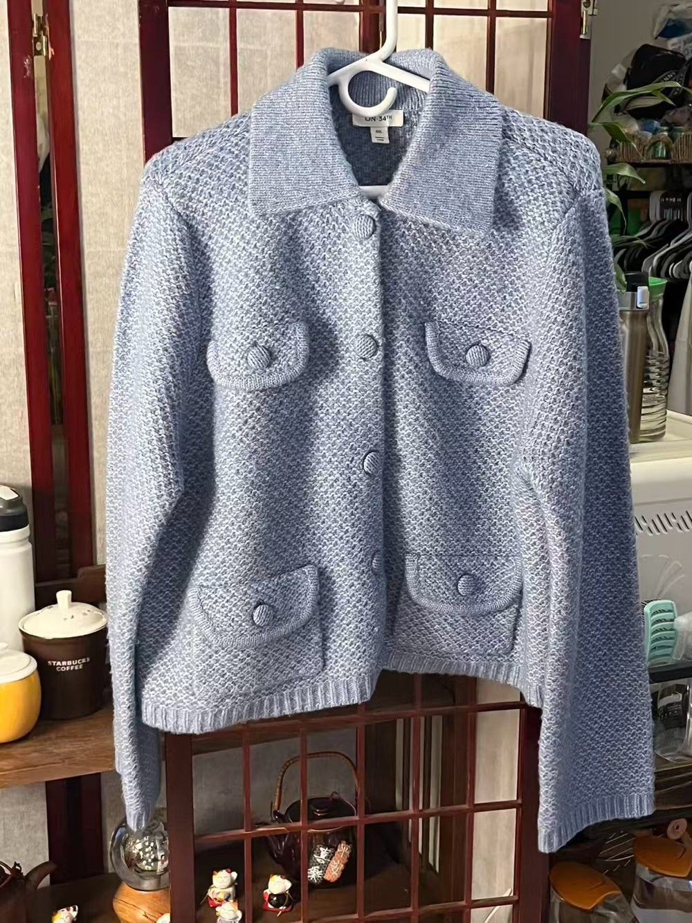 Light Blue Textured Knit Button-Up Sweater Jacket